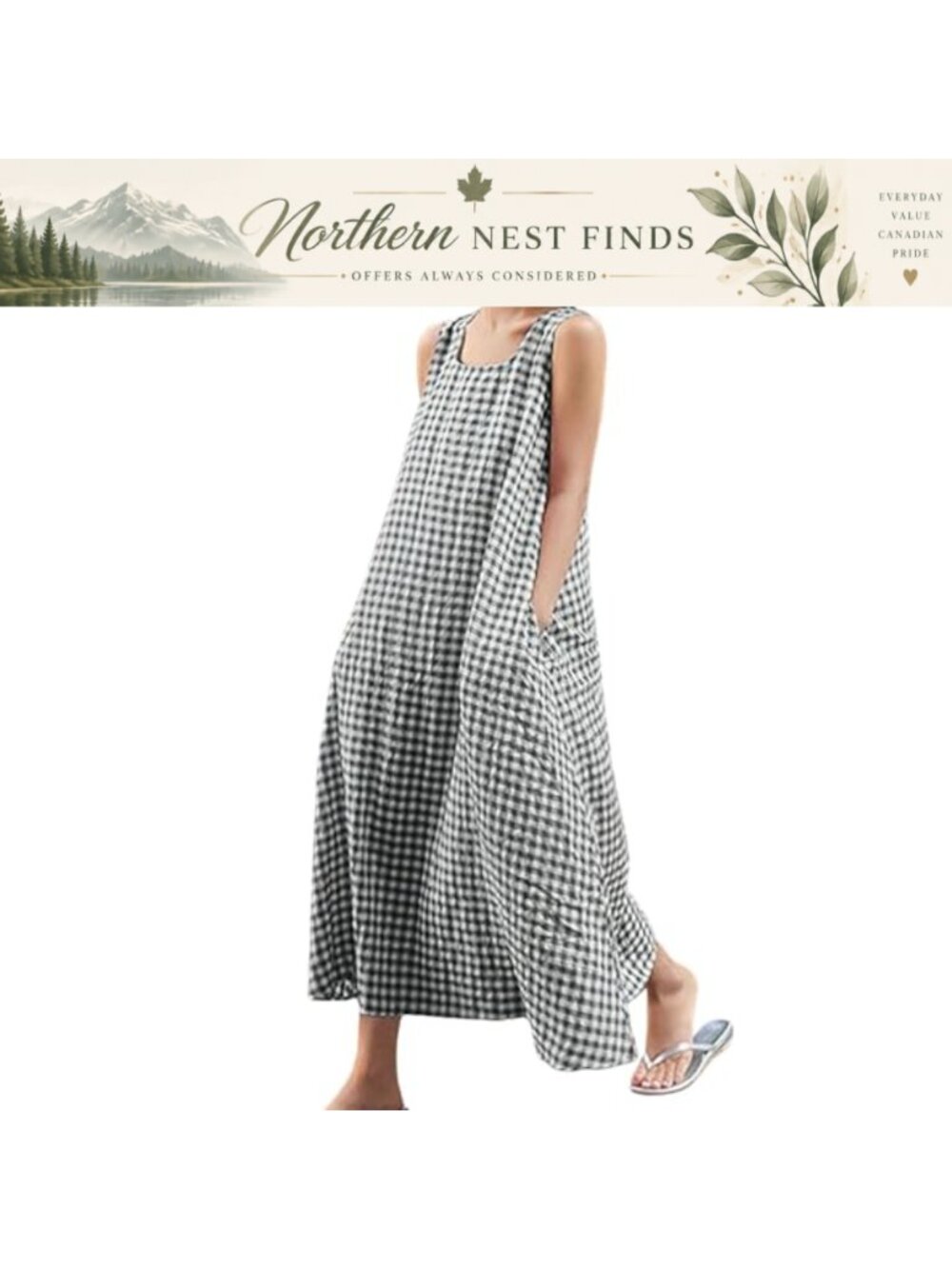 Sleeveless Plaid Maxi Dress Cotton Linen Loose Tank Dress with Pockets